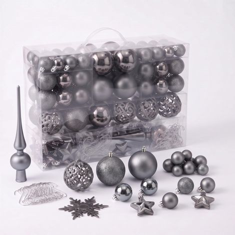 Kunststoff Christbaumkugel Set 111-teilig bruchsicher - grau - Design Weihnachtskugeln inklusive Metall Haken