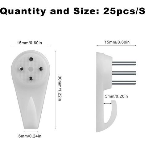 25 crochets muraux, adaptés aux murs durs, aux murs en béton, crochets de peinture robustes, aucun perçage requis (3 cm, blanc). (1/3)