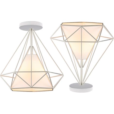 2X Lampe À Suspension Rétro Vintage En Forme De Diamant 25CM (Blanc) Plafonnier Industriel En Métal Et Fer E27 Pour Restaurant Et Café