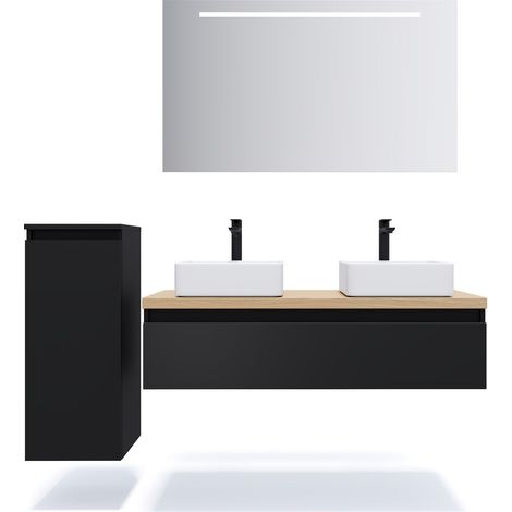 Meuble de salle de bain suspendu 2 vasques à poser 120cm 1 tiroir Noir + miroir + colonne ouverture gauche - Hudson (1/5)