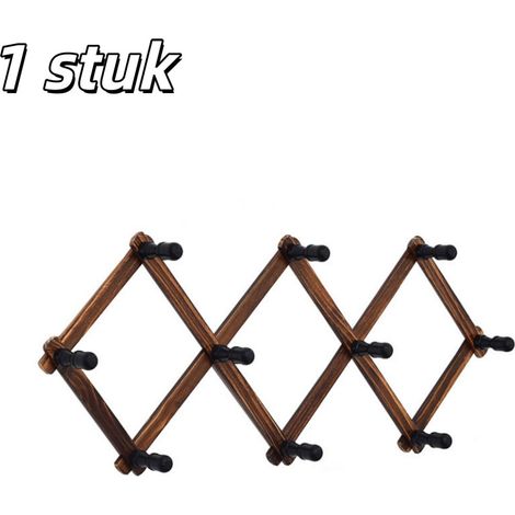 Portant à vêtements mural télescopique en bois style accordéon avec 10 crochets pour chapeaux manteaux clés et petits accessoires couleur marron (1/5)