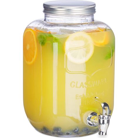 Distributeur 5 L, limonade, carafe verre robinet, retro vintage, fontaine boisson, transparent, inox, plastique, 1 élément (1/5)