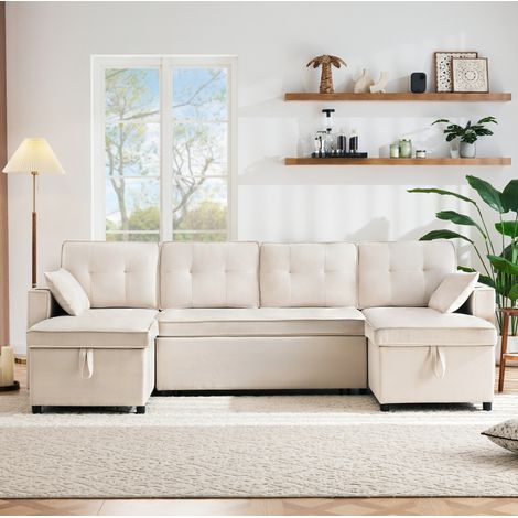 Sofá cama U con almacenaje y posavasos beige OKMYHOME (1/5)