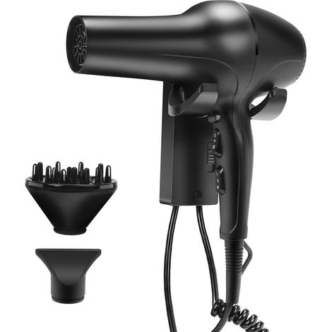 Sèche-Cheveux Mural,Seche Cheveux Ionique,1 Diffuseur 1 Buse,Fixation Murale,Moteur AC 2200W pour Hôtel,Salon,Noir (1/5)