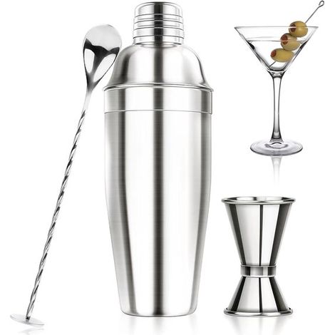 Juego de coctelería, Juego de coctelería para cócteles Martini con colador, juego de coctelería de acero inoxidable, cuchara mezcladora (1/5)