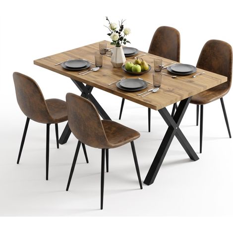 FurnitureR 5-Piece Dining Set, 140CM Natural Wood Rectangular Table & 4 Brown Suede Chairs (1/5)