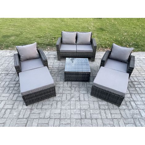 Fimous 6 Seater Rattan Outdoor Garden Furniture Sofa Set Table & Chairs with 2 Big Footstool Dark Grey Mixed (1/5)