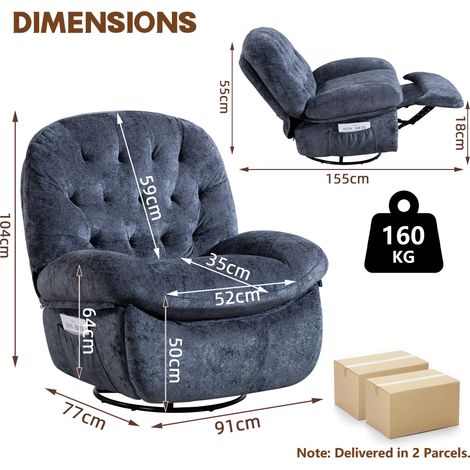 Fauteuil inclinable pivotant et berçant capitonné nuage - Velours chenille bleu gris, rotation 360°, balancement, plusieurs positions d'inclinaison (1/5)