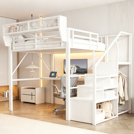 Lit mezzanine 140x200 cm - Lit enfant en métal 140x200 - Grand bureau 2m bandeau LED prises intégrées échelle et étagères - Blanc (1/5)