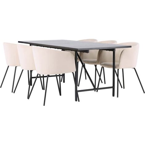 Astrid Essgruppe Tisch schwarz und 6 berit Stühle beige.