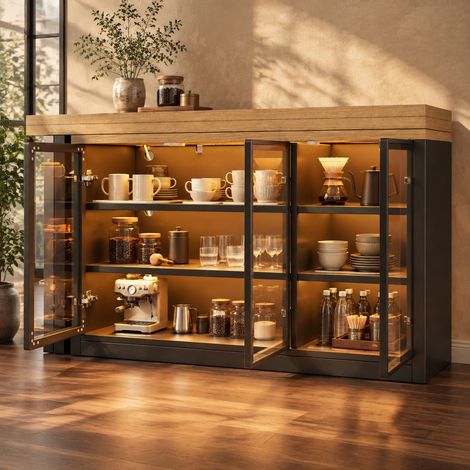 Ausziehbarer Tisch mit Stauraum, 360° drehbar, MDF und Glas, schwarz, OKMYHOME (1/5)