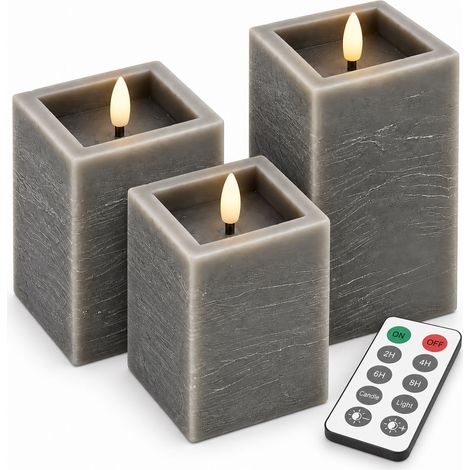 Relaxdays LED Kerzen 3er Set, Fernbedienung, flackernde Flamme, Timer, Betonoptik, Echtwachs, eckige Stumpenkerzen, grau (1/5)