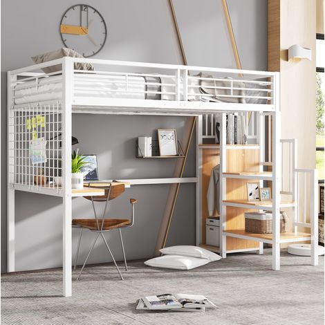 Cama alta 90x200 cm blanco y natural, estructura de metal con armario (1/5)