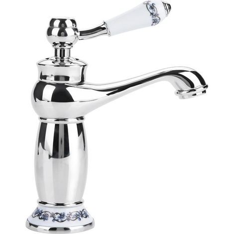 Rétro Mitigeur Robinet de Lavabo Laiton Céramique Évier Robinet Bleu Et Blanc en Porcelaine À Long Cou Vintage Floral avec l'entrée Robinet d'eau Froide/Chaude Cuisine Salle de bain(chromé) (1/5)