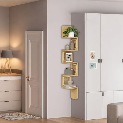 Étagère d’Angle, Étagère Murale à 5 Niveaux, Gain de Place, en Zigzag, Côtés en Rotin PVC, pour Cuisine, Chambre, Salon, Style Boho, Beige Chêne (1/5)