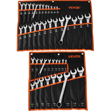 Jeu de Clés Mixtes 44PCs, Clé Polygonale à Fourche SAE et Métrique, pour Réparation Domestique et Automobile Atelier, Extrémité Œil à 12 Pans, en Acier au Carbone, avec Trousse Enroulable (1/5)