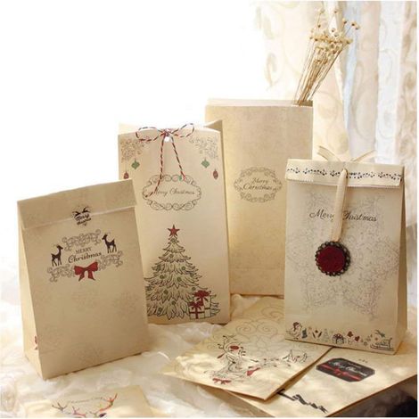 Lot de 12 Sacs-Cadeaux de Noël Papier Kraft Pochette Noël Cadeau Sac Noël 12 x 6 x 22 cm Mariage Anniversaire Fete