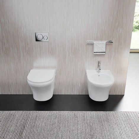 Coppia di Sanitari Sospesi Rimless in Ceramica Bianco Lucido con Vaso, Bidet e Copriwc Soft-close Mod. Nassau (1/5)
