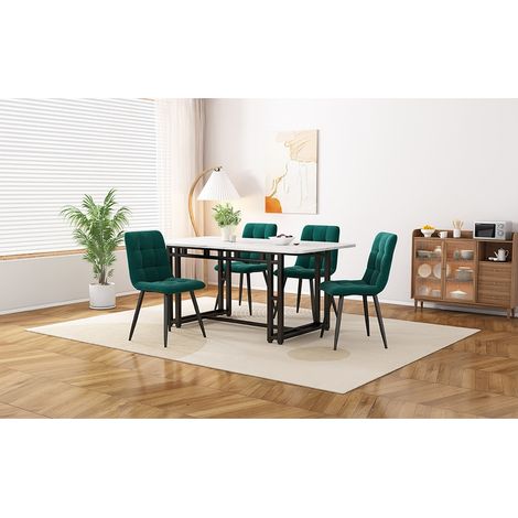 Ensemble de salle à manger 120x70 cm avec table à pieds en fer noir et 4 chaises en velours vert foncé, design moderne pour cuisine (1/5)