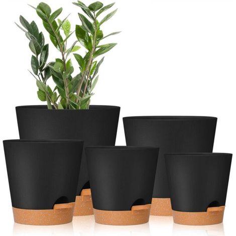 Ensemble de 5 pots de fleurs noirs à arrosage automatique de 7/6,5/6/5,5/5 pouces avec trous de drainage, pots de fleurs en plastique, pots de plantation adaptés à toutes les plantes d'intérieur (1/5)