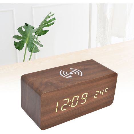 Intelligenter elektronischer LED-Wecker, kabellos aufladbarer Wecker, sprachgesteuerter Wecker, USB-betrieben, rot. (1/5)