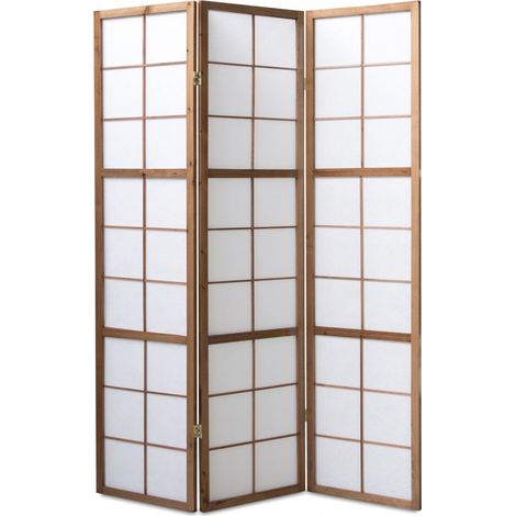 Pegane – Paravent japonais en bois brun 3 pans – Structure en bois verni – Charnières double sens – Panneaux avec quadrillage et papier de riz (1/5)