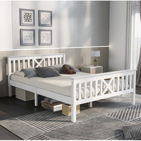 DESVIAE Lit double en bois massif avec tête de lit en X et rangement sous le lit blanc 140 x 200 cm avec sommier (1/5)