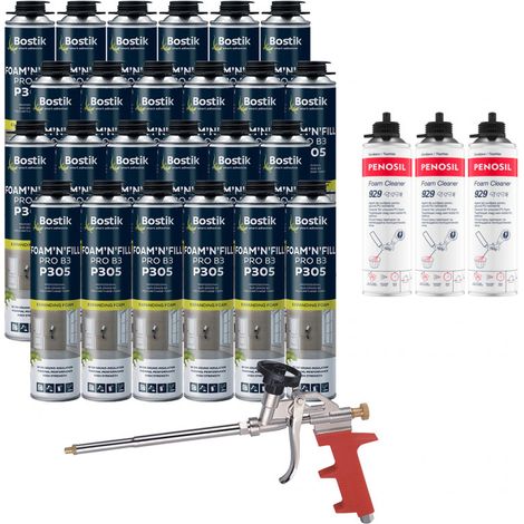Bostik – Pack de 24 mousses polyuréthane expansives pistolables 750ml – Excellente isolation phonique et thermique – Nettoyants FoamCleaner 500ml inclus