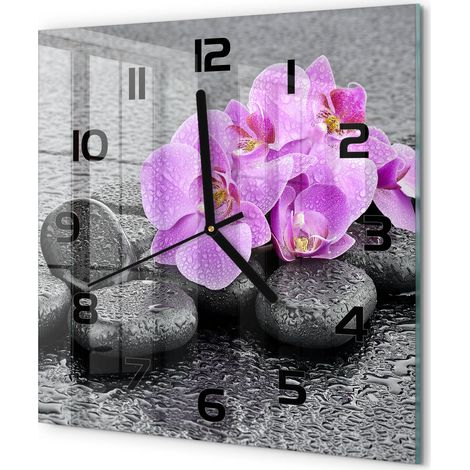 Horloge Murale Carrée Verre Trempé Chiffres Lisibles Silencieuse Moderne Orchidée et pierres 30x30 cm (1/5)