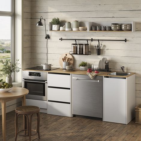 Mobiletto base cucina Viktor, Bianco/Rovere artigianale, con lavello e rubinetto, Vicco (1/5)