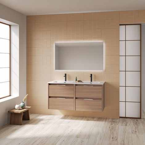 Mobile bagno sospeso 120 cm noce sabbiato con lavabo - Bristol - Noce 120 cm Con specchio e lampada LED - Colore: Noce - Misura: 120 cm - Accessorio: Standard