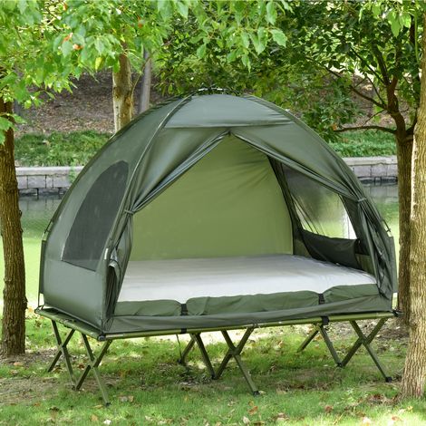Ensemble tente de camping pour 2 personnes avec lit de camp et matelas gonflable, vert