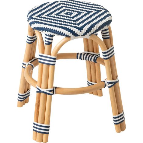 Tabouret en Rotin "Geo" 46cm Bleu & Blanc (1/4)