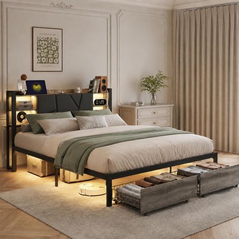 Lit double 160x200 cm avec LED et 2 tiroirs, Tête de lit rembourrée avec rangement et port USB Type-C, Métal et bois, Noir (1/5)
