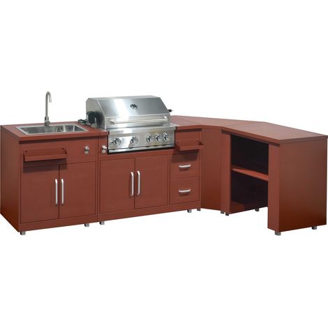 Oviala – Cuisine d'extérieur angle 4 éléments – Évier inox avec tuyau de vidange – Barbecue gaz 4 brûleurs – Dimensions 401 x 66 x 96 cm