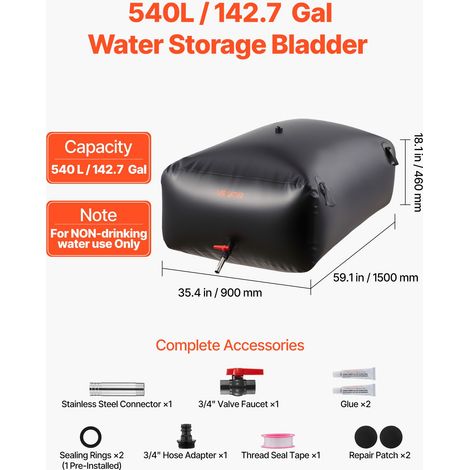 Réservoir d'Eau Souple 540 L, Vessie de Stockage Eau Pliable, Sac Conteneur d'Eau PVC Grande Capacité, pour Irrigation Jardin, Camping, Camping-car, Utilisation Extérieur, Stockage Urgence, Noir (1/5)