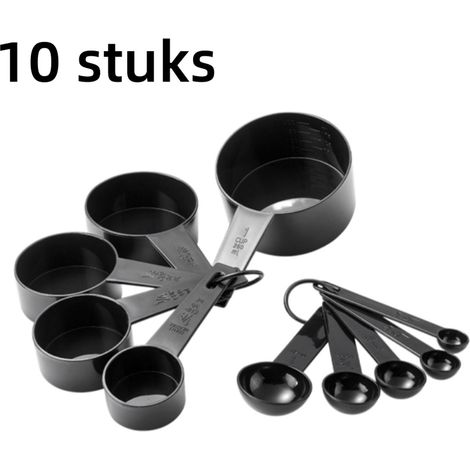 Ensemble de 10 tasses et cuillères doseuses en plastique pour mesurer les liquides et ingrédients secs avec cuillère à café et cuillère à thé design compact compatible lave vaisselle couleur noire (1/5)