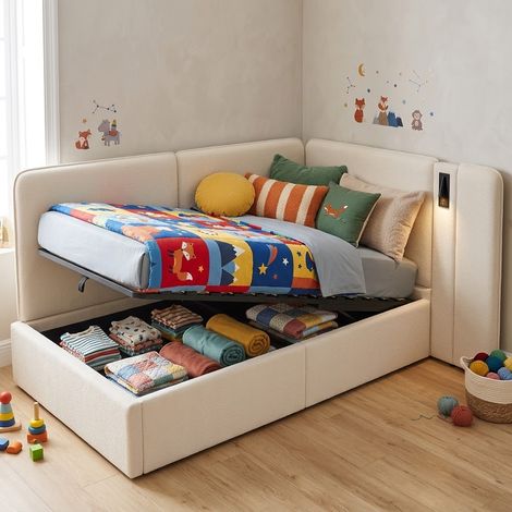 Lit banquette 90 x 200 cm boucle beige 2 tiroirs USB-C lampe lecture 360° daybed ado avec rangements chambre cosy chic pratique