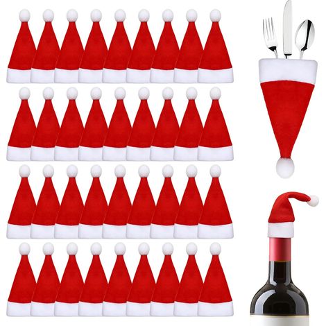 Support Pour Couverts En Forme De Chapeau De Père Noël - 6 x 12 cm - Tissu Non Tissé - Décoration De Table De Noël Et De Bouteille De Vin - Lot De 36