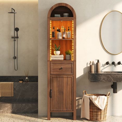 Colonna da bagno 40x30x163 cm con LED RGB, porta reversibile, cassetto, MDF effetto noce (1/5)