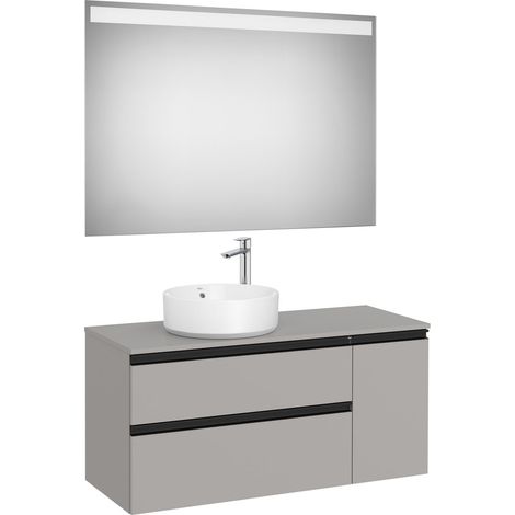Pack meuble "The gap" 1100 pour vasque à gauche - 2 tiroirs + 1 porte + plan + miroir LED - gris moyen mat/poignées noires - Roca (1/2)