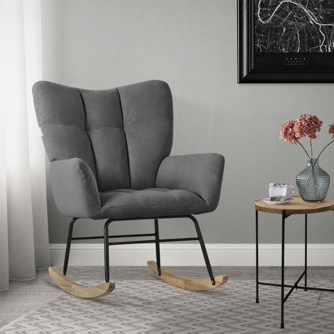 ML-Design Schaukelsessel Dunkelgrau, Schaukelstuhl Frottee-Optik Bezug, Gepolsterter Schwingsessel mit Holzkufen, Relaxsessel mit Armlehnen für Wohnzimmer/Schlafzimmer/Balkon, Relaxstuhl Ohrensessel (1/5)