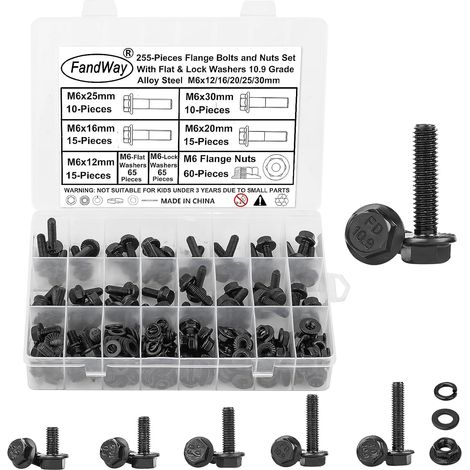 255 Pièces Boulons À Bride Hexagonale M6 Vis À Tête Hexagonale Avec Bride En Acier Allié 10.9 Noir Et Écrous Rondelles Filetage Complet Pas De Filetage 1.0 mm (1/5)