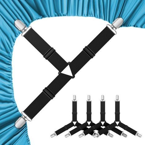 Lot de 4 attaches d'angle pour draps + clips de matelas noirs + sangles réglables pour maintenir couvre-lit et drap-housse (1/5)