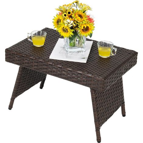 COSTWAY Rattantisch klappbar, Beistelltisch Polyrattan Gartentisch, Bistrotisch Kaffeetisch 60x40x40 cm, Balkontisch Teetisch Betttisch für Garten Wohnzimmmer Balkon, Braun Mit PVC-Platte
