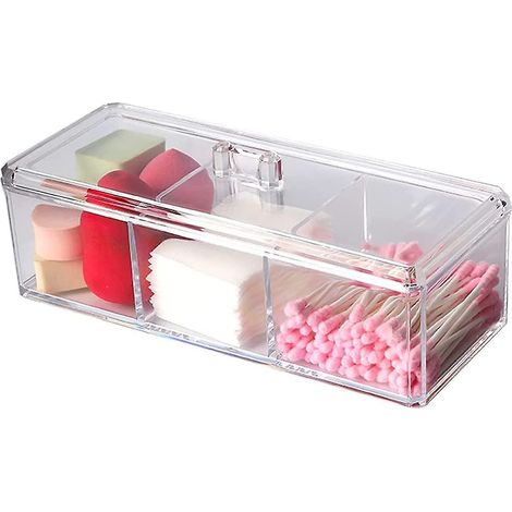 Boîte de rangement transparente en acrylique pour cotons-tiges, disques démaquillants, élastiques à cheveux et bijoux, avec 3 compartiments. (1/5)