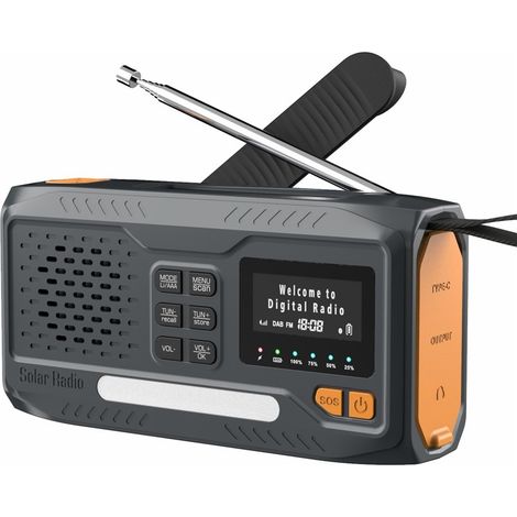 Radio DAB pour une utilisation en extérieur, haut-parleur, batterie externe, manivelle de secours et alimentation solaire. (1/5)