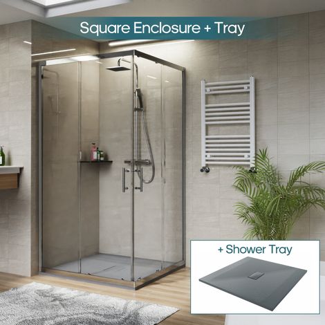 NRG Square Corner Entry Shower Enclosure with Sliding Doors Bathroom Cubicle 1000 x 1000mm & Anthracite Shower Tray (1/5)
