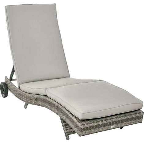 Transat bain de soleil Outsunny grand confort gris en résine tressée : dossier inclinable 5 positions, roulettes pratiques, matelas déhoussable inclus, idéal pour jardin, terrasse et piscine