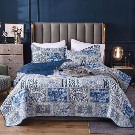 Couvre-lit en Coton, Boutis Couvre-lit Patchwork avec 2 Taies d'oreiller 50x70cm en Motif Floral, Courtepointe Imprimée Grande Décoration Fait à la Main (Bleu, 240x260cm) (1/5)